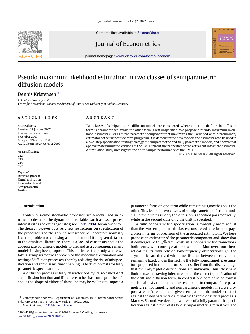 Pseudo-maximum likelihood estimation in two classes of semiparametric diffusion models