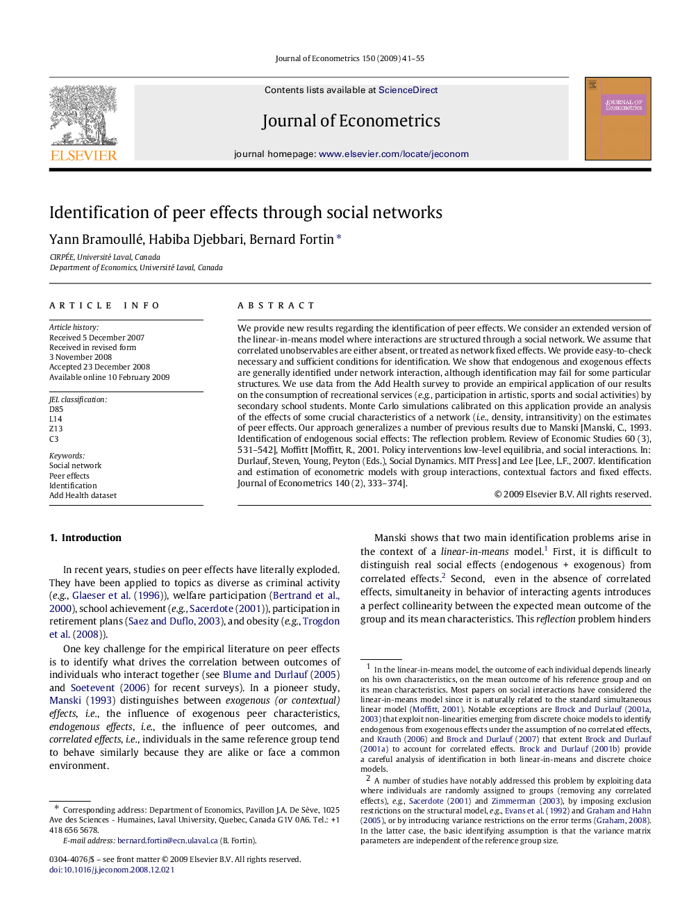 Identification of peer effects through social networks