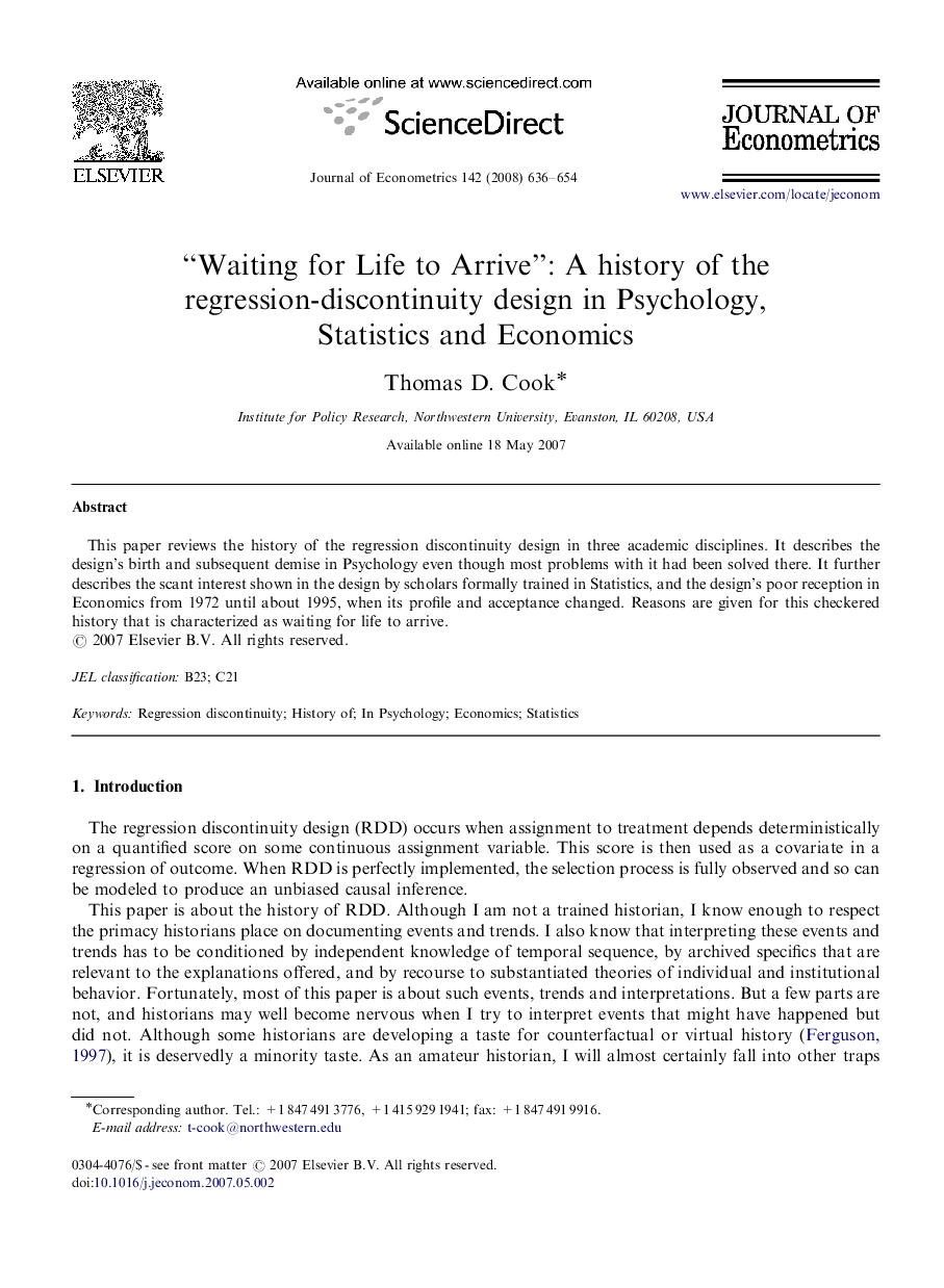 “Waiting for Life to Arrive”: A history of the regression-discontinuity design in Psychology, Statistics and Economics