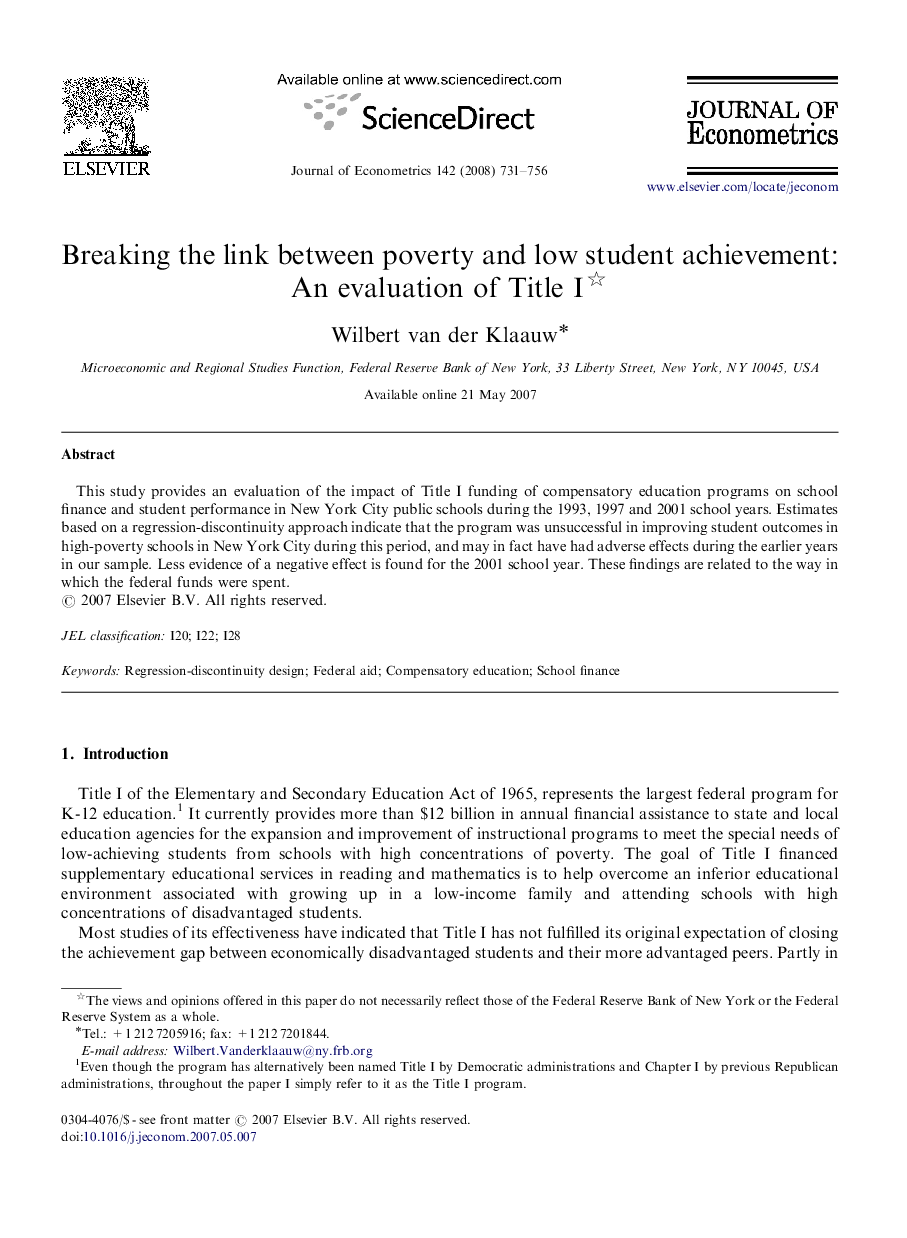 Breaking the link between poverty and low student achievement: An evaluation of Title I