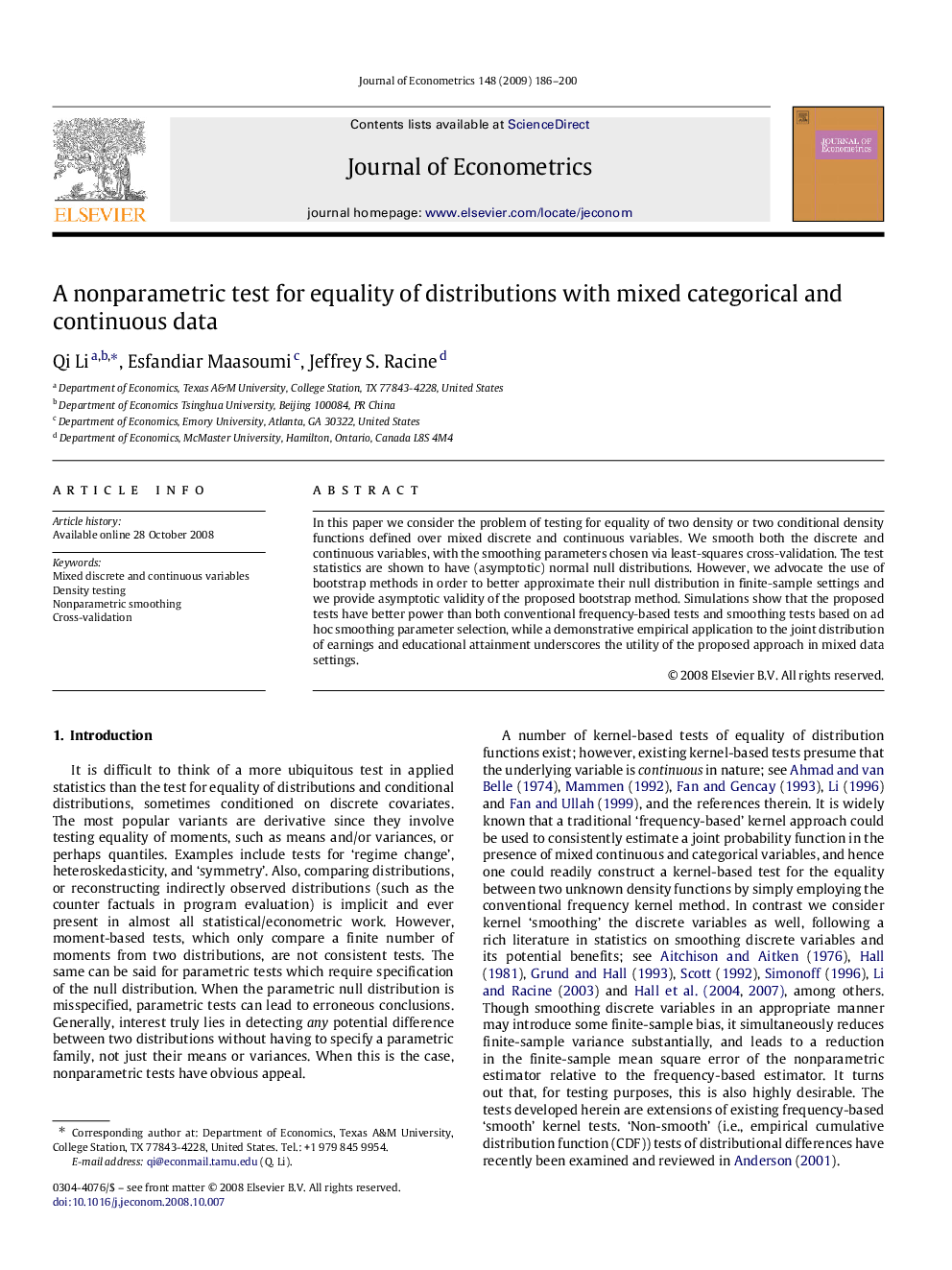 A nonparametric test for equality of distributions with mixed categorical and continuous data