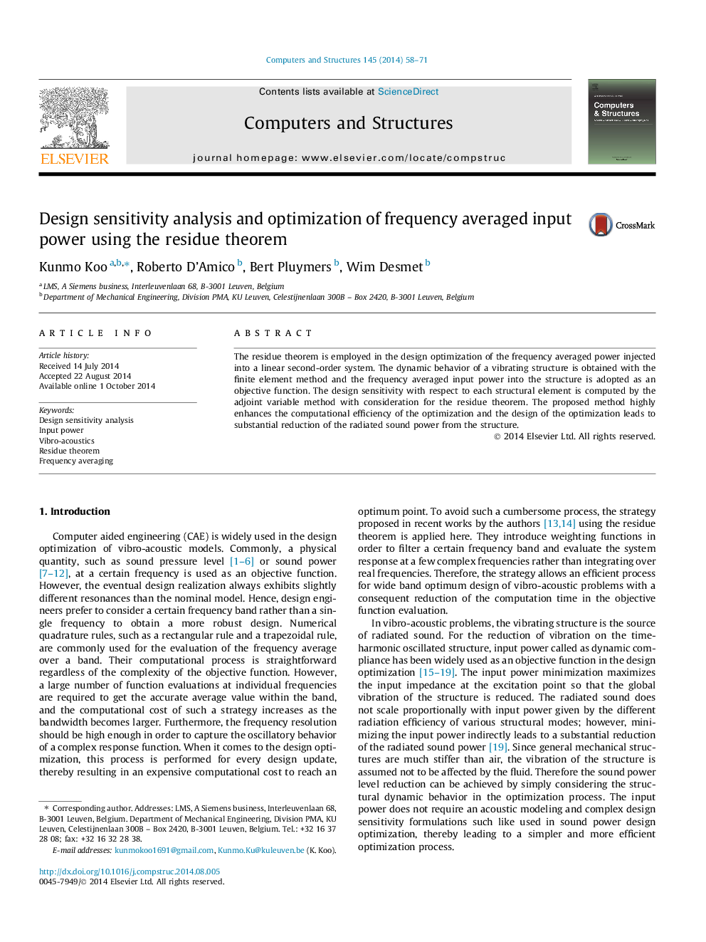 Design sensitivity analysis and optimization of frequency averaged input power using the residue theorem