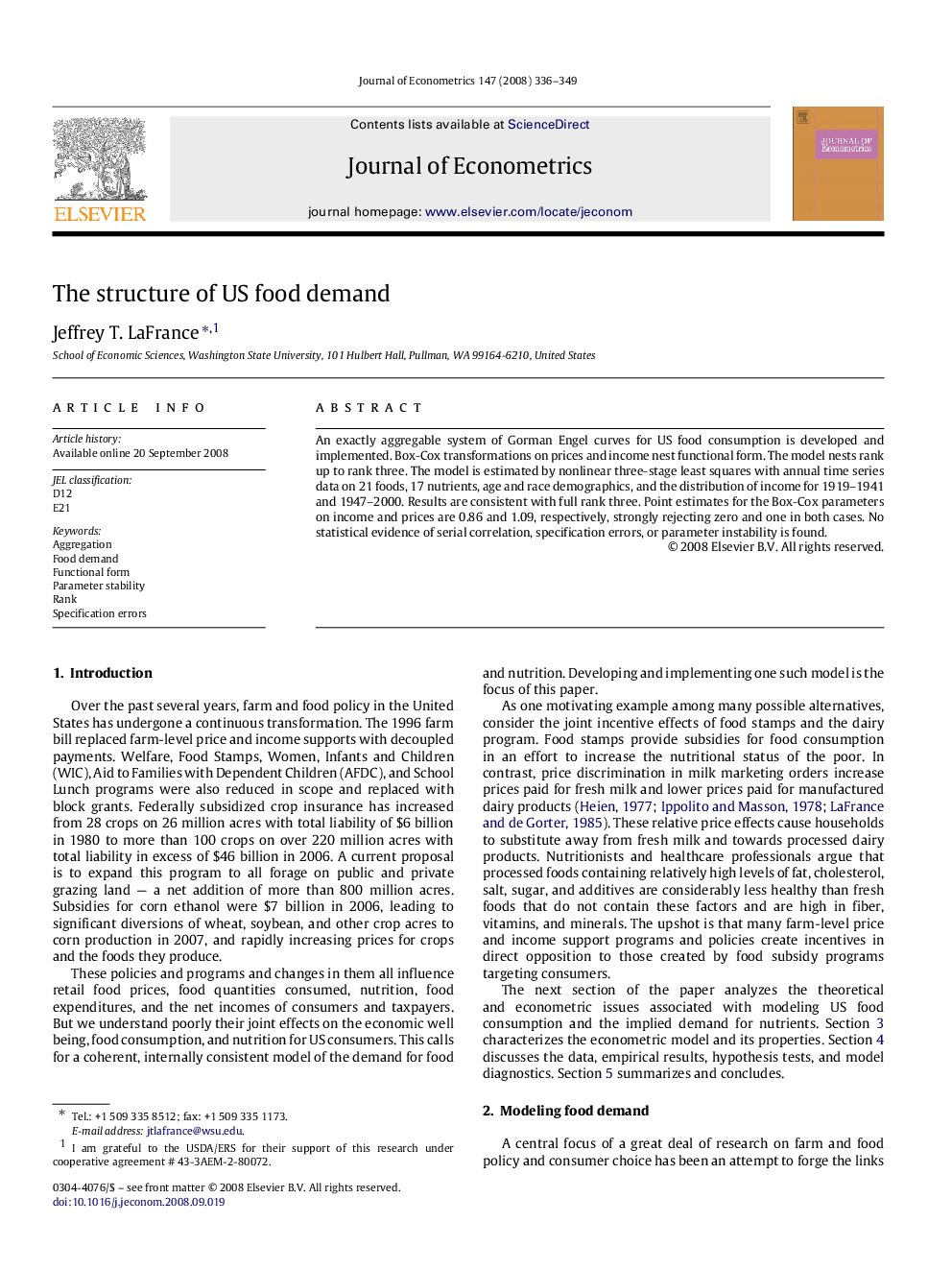 The structure of US food demand