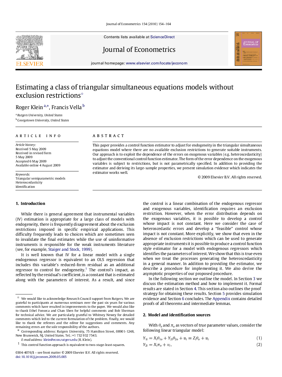 Estimating a class of triangular simultaneous equations models without exclusion restrictions