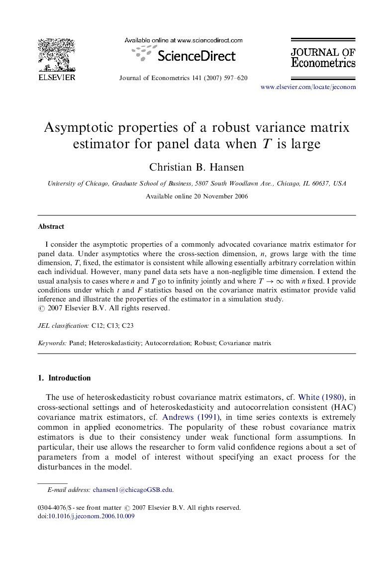 Asymptotic properties of a robust variance matrix estimator for panel data when T is large