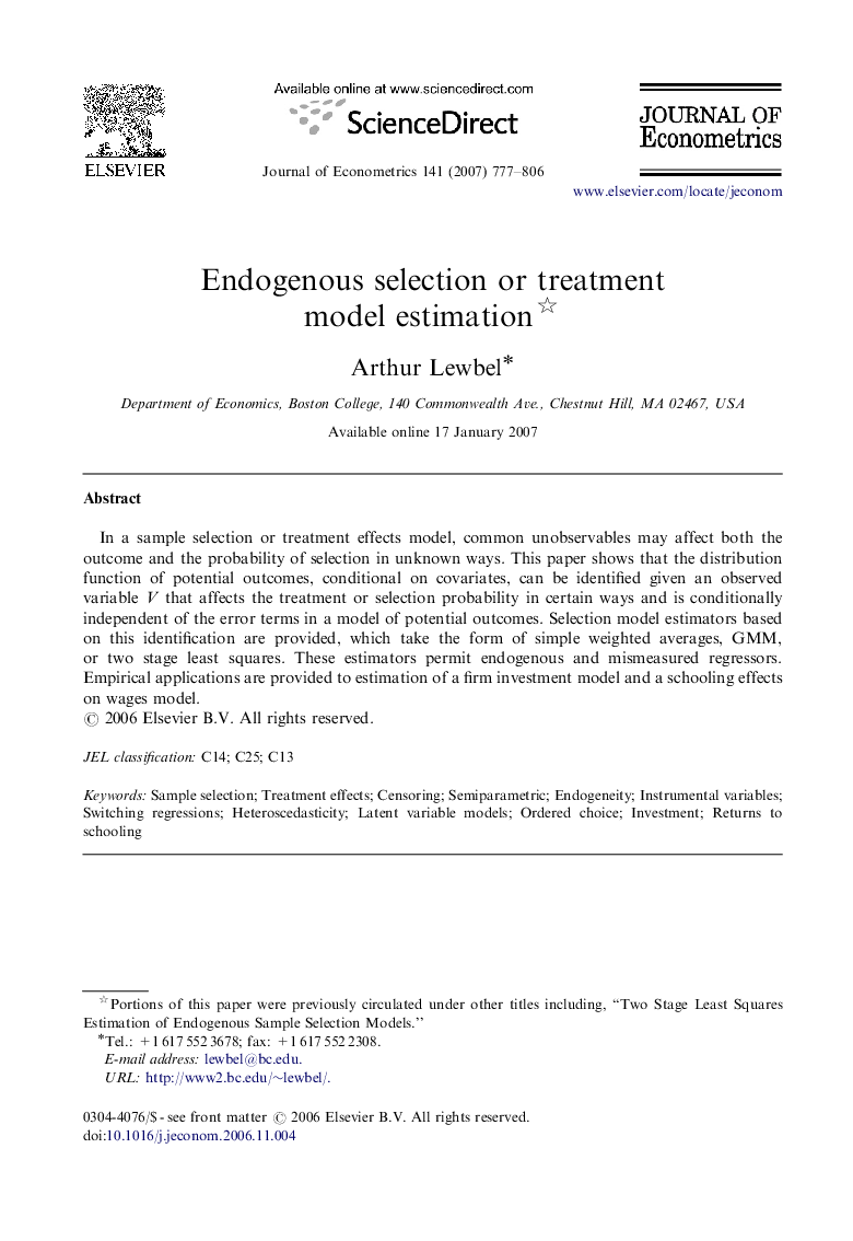 Endogenous selection or treatment model estimation