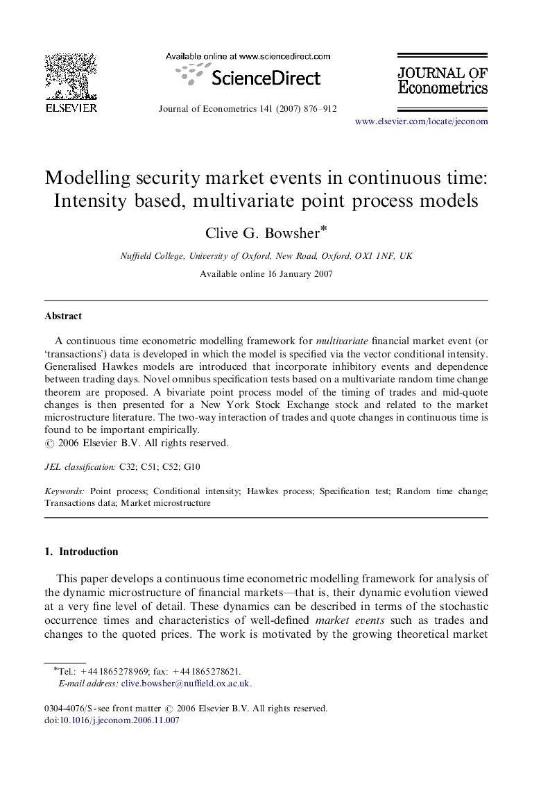 Modelling security market events in continuous time: Intensity based, multivariate point process models