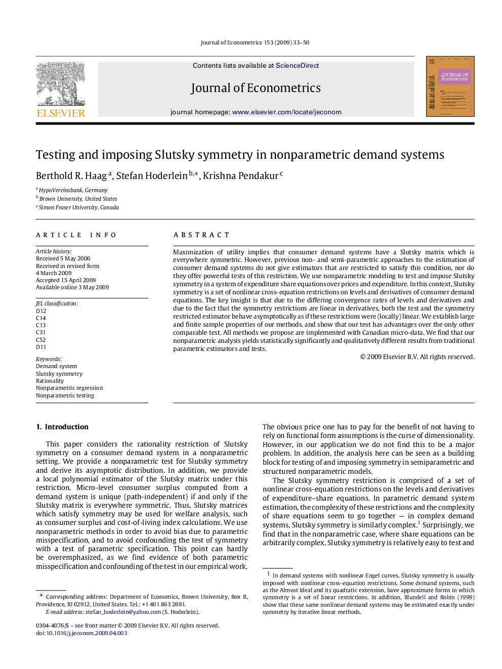 Testing and imposing Slutsky symmetry in nonparametric demand systems