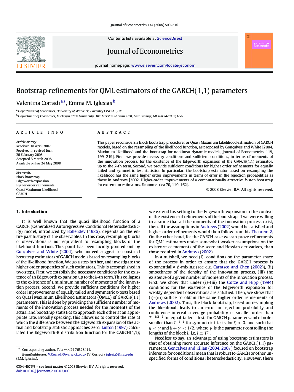 Bootstrap refinements for QML estimators of the GARCH(1,1) parameters