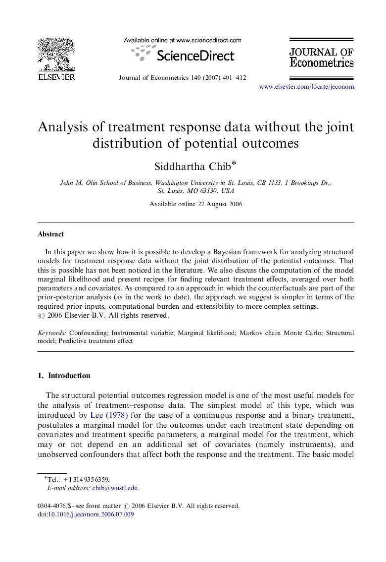 عکس صفحه اول مقاله: Analysis of treatment response data without the joint distribution of potential outcomes Analysis of treatment response data without the joint distribution of potential outcomes