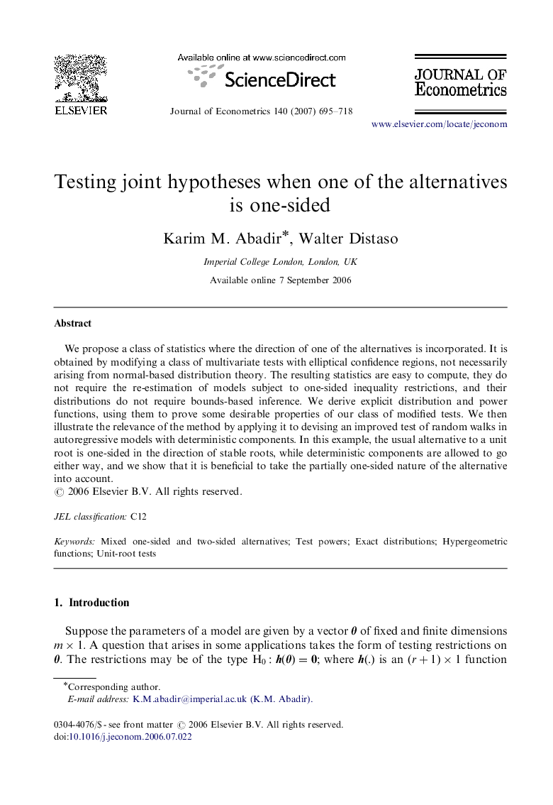 عکس صفحه اول مقاله: Testing joint hypotheses when one of the alternatives is one-sided Testing joint hypotheses when one of the alternatives is one-sided