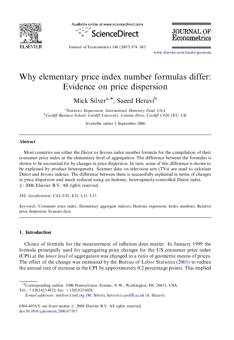 Why elementary price index number formulas differ: Evidence on price dispersion