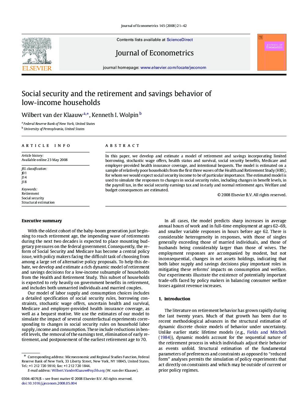 Social security and the retirement and savings behavior of low-income households