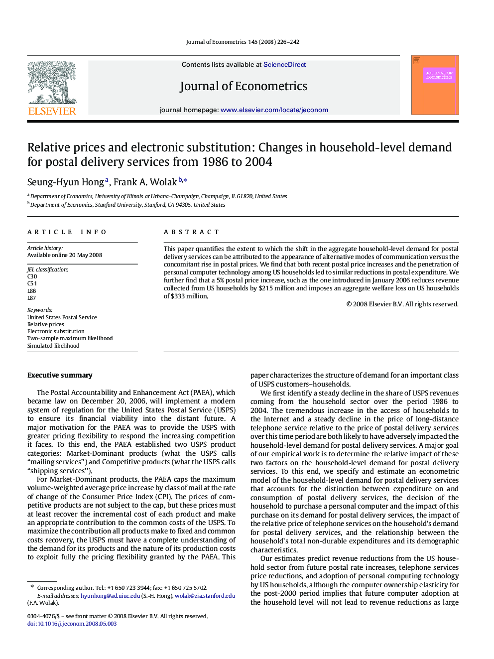 Relative prices and electronic substitution: Changes in household-level demand for postal delivery services from 1986 to 2004