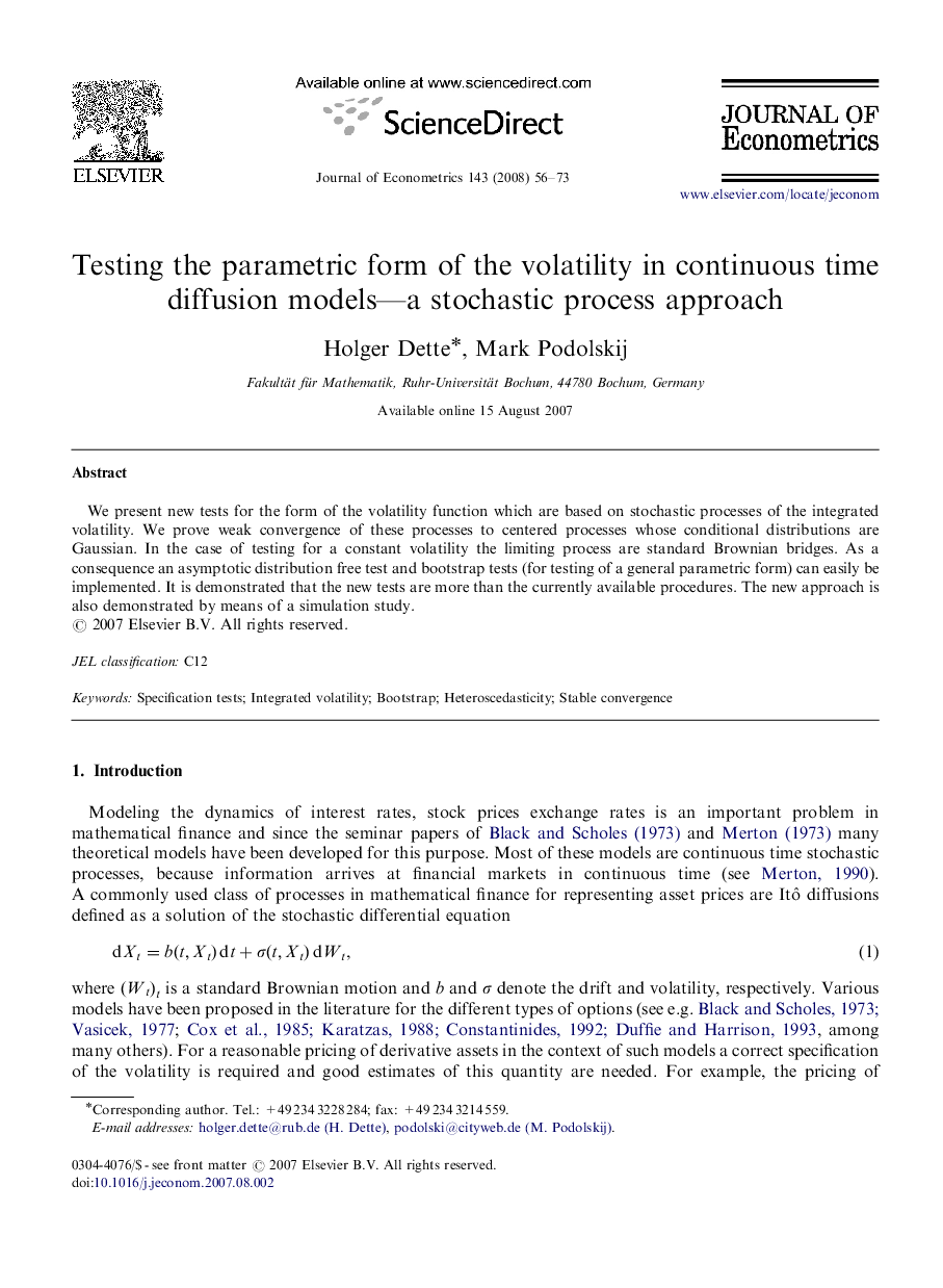 Testing the parametric form of the volatility in continuous time diffusion models-a stochastic process approach