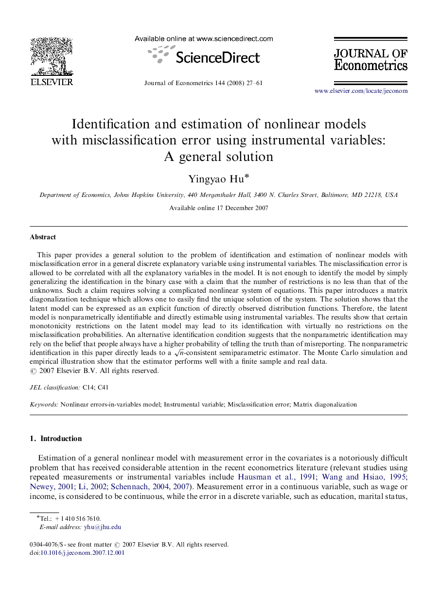 Identification and estimation of nonlinear models with misclassification error using instrumental variables: A general solution