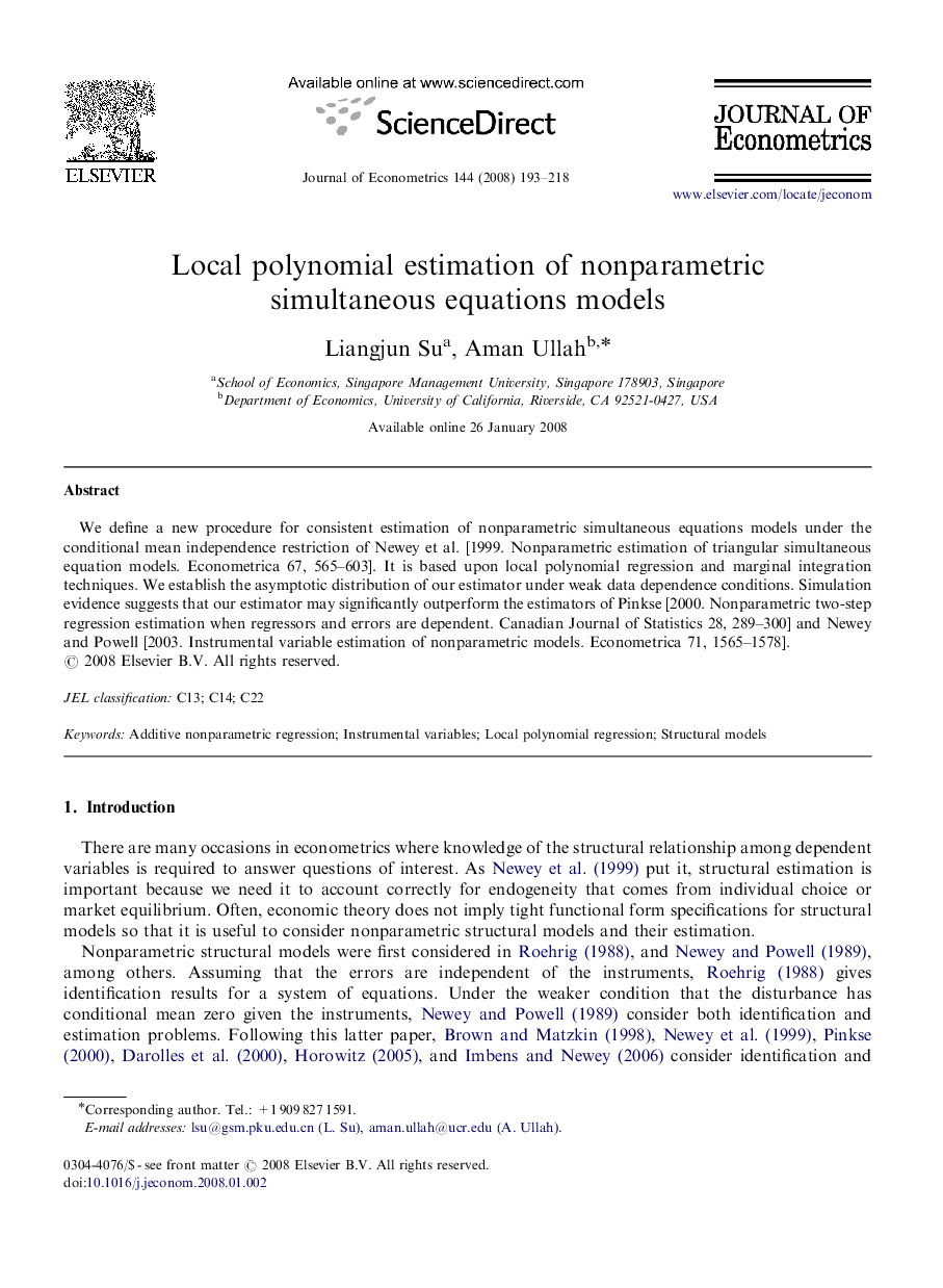 Local polynomial estimation of nonparametric simultaneous equations models