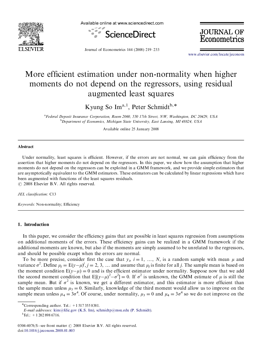 More efficient estimation under non-normality when higher moments do not depend on the regressors, using residual augmented least squares