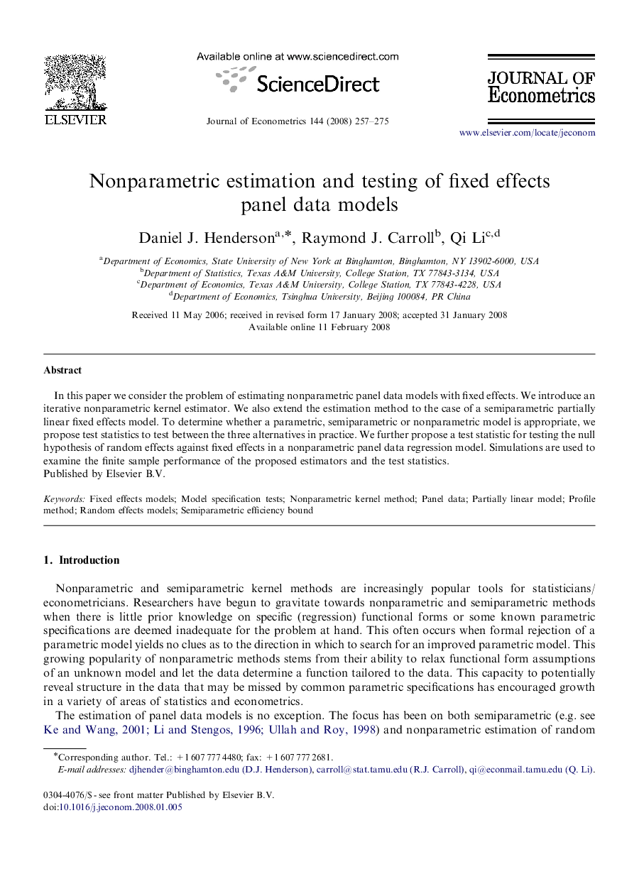 Nonparametric estimation and testing of fixed effects panel data models