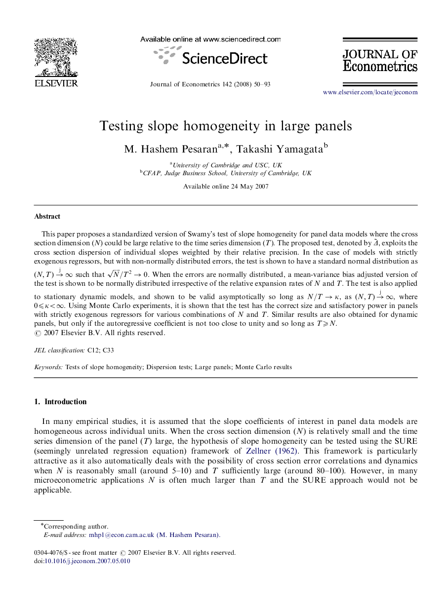 Testing slope homogeneity in large panels