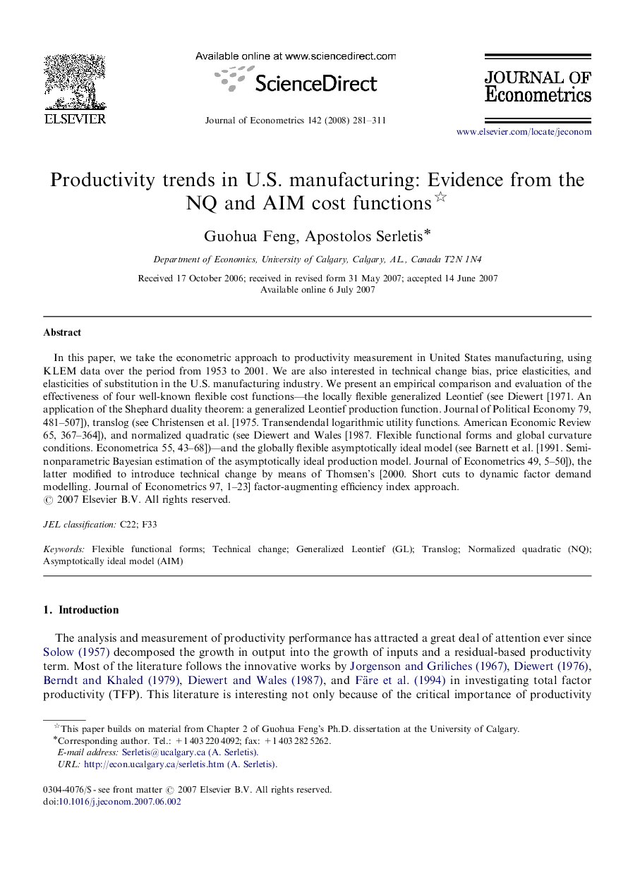 Productivity trends in U.S. manufacturing: Evidence from the NQ and AIM cost functions