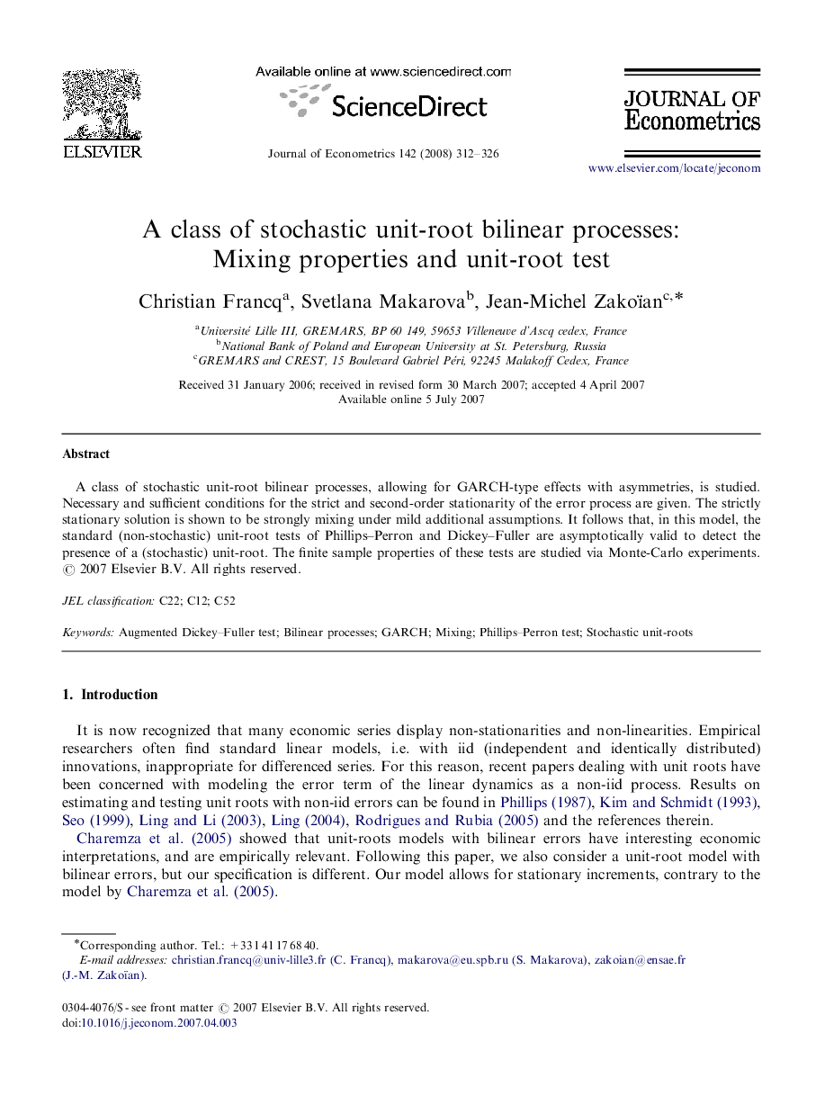 A class of stochastic unit-root bilinear processes: Mixing properties and unit-root test