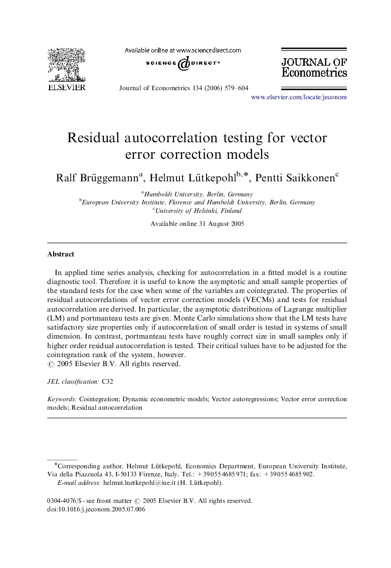 Residual autocorrelation testing for vector error correction models