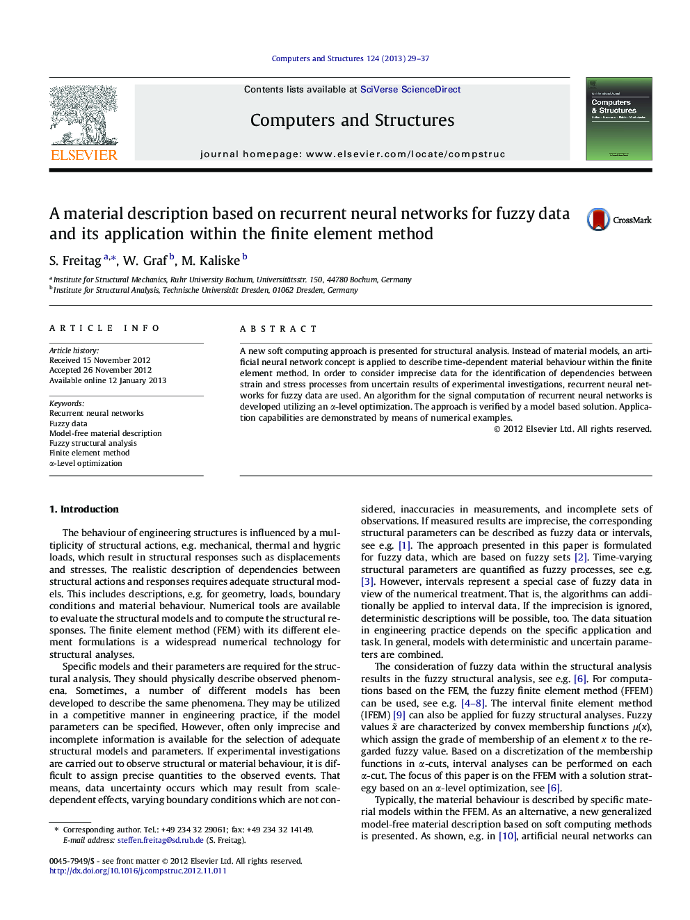 A material description based on recurrent neural networks for fuzzy data and its application within the finite element method