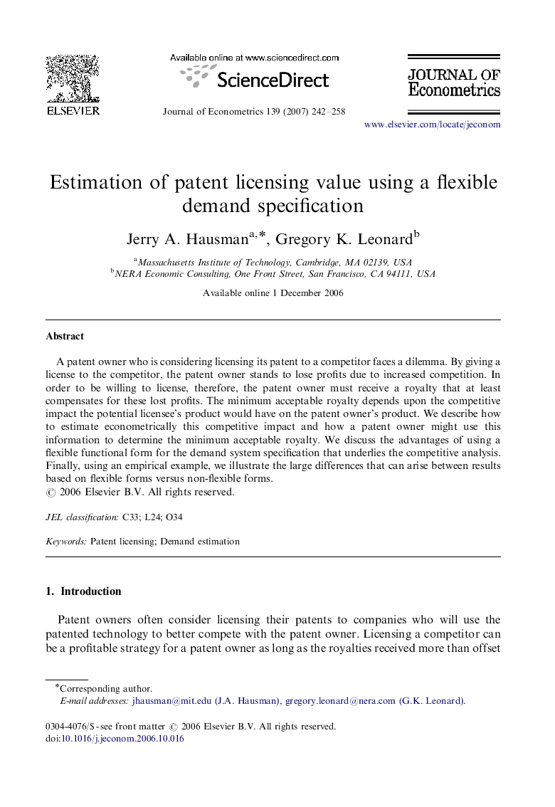 Estimation of patent licensing value using a flexible demand specification