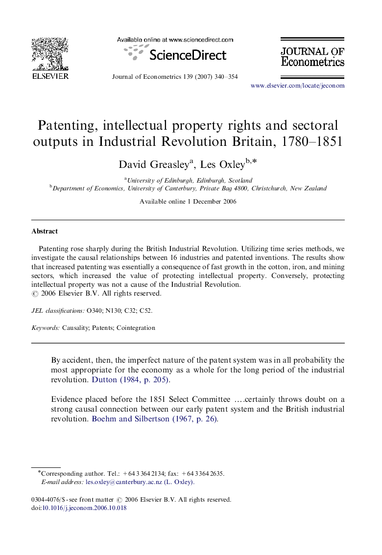 Patenting, intellectual property rights and sectoral outputs in Industrial Revolution Britain, 1780-1851