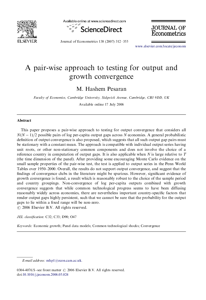 A pair-wise approach to testing for output and growth convergence