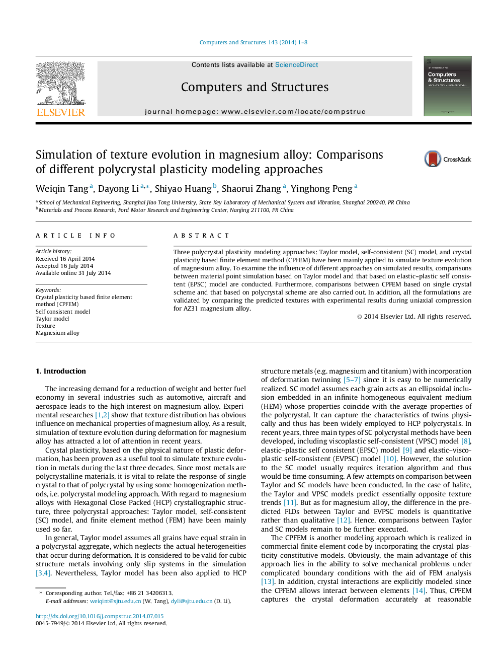 Simulation of texture evolution in magnesium alloy: Comparisons of different polycrystal plasticity modeling approaches