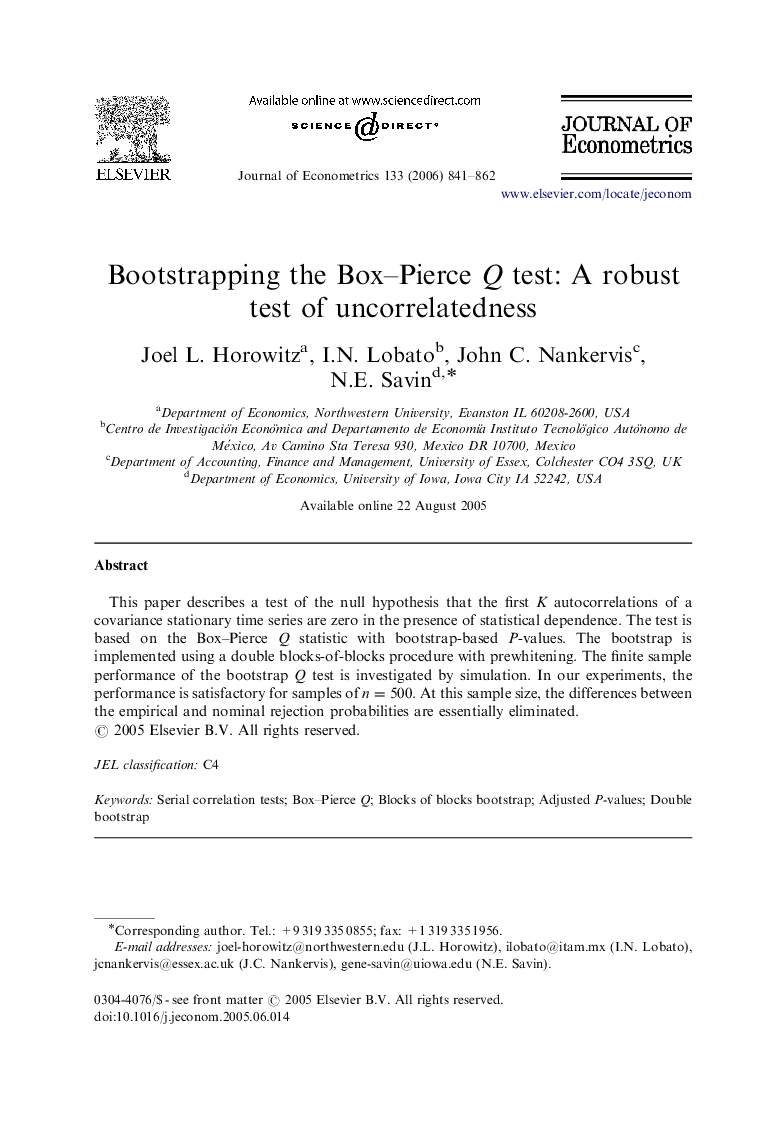 Bootstrapping the Box-Pierce Q test: A robust test of uncorrelatedness