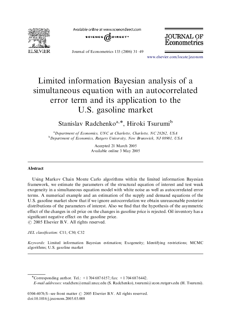 Limited information Bayesian analysis of a simultaneous equation with an autocorrelated error term and its application to the U.S. gasoline market