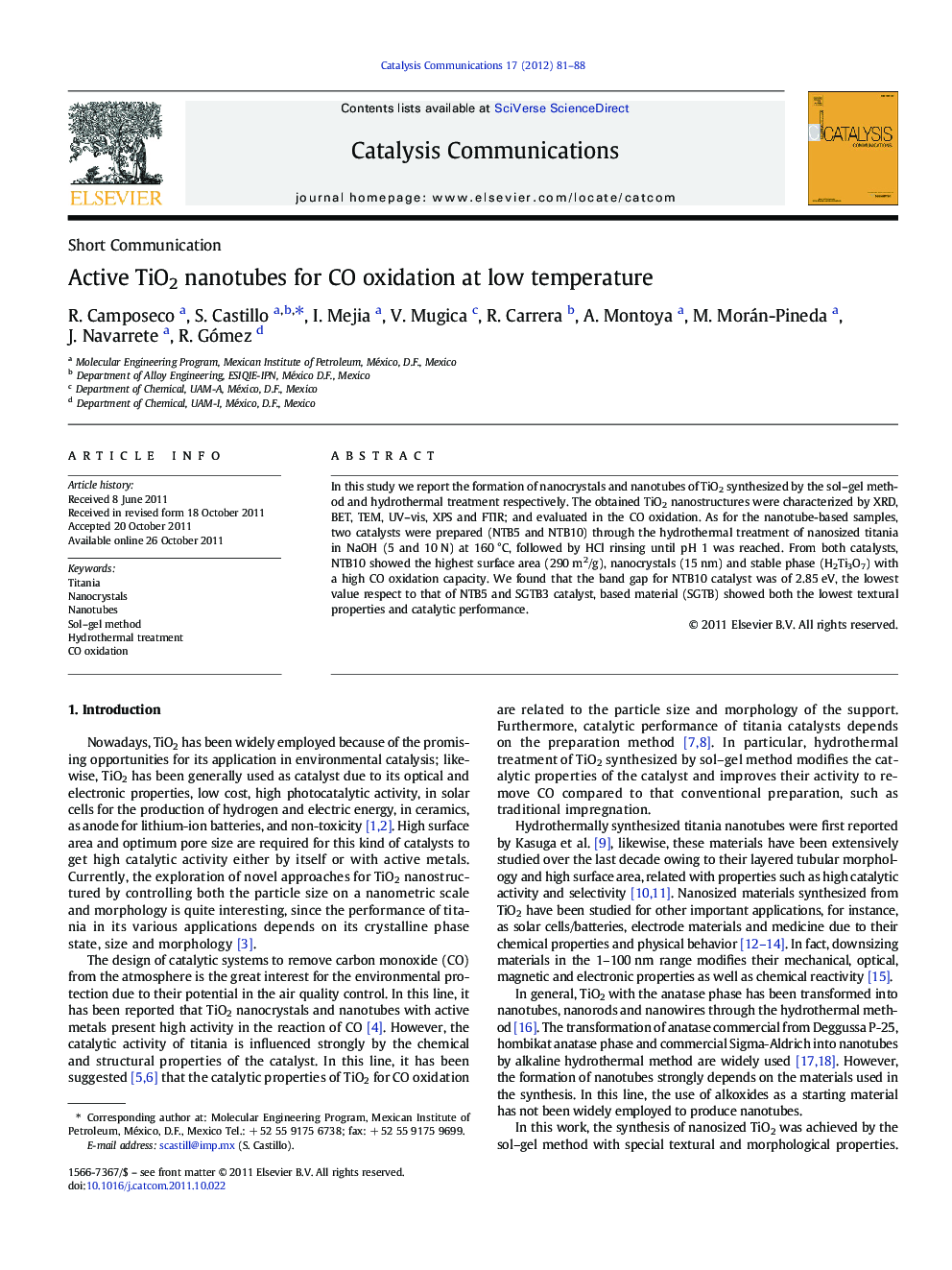 Active TiO2 nanotubes for CO oxidation at low temperature