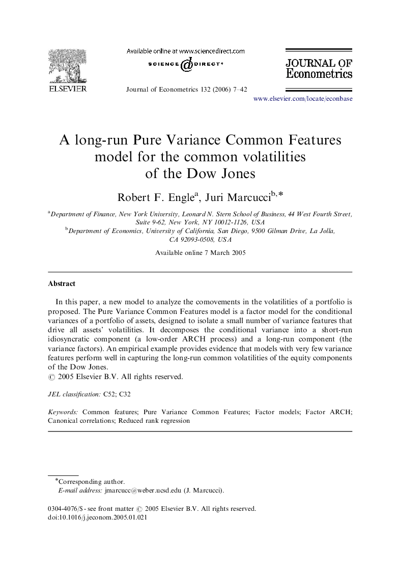 A long-run Pure Variance Common Features model for the common volatilities of the Dow Jones