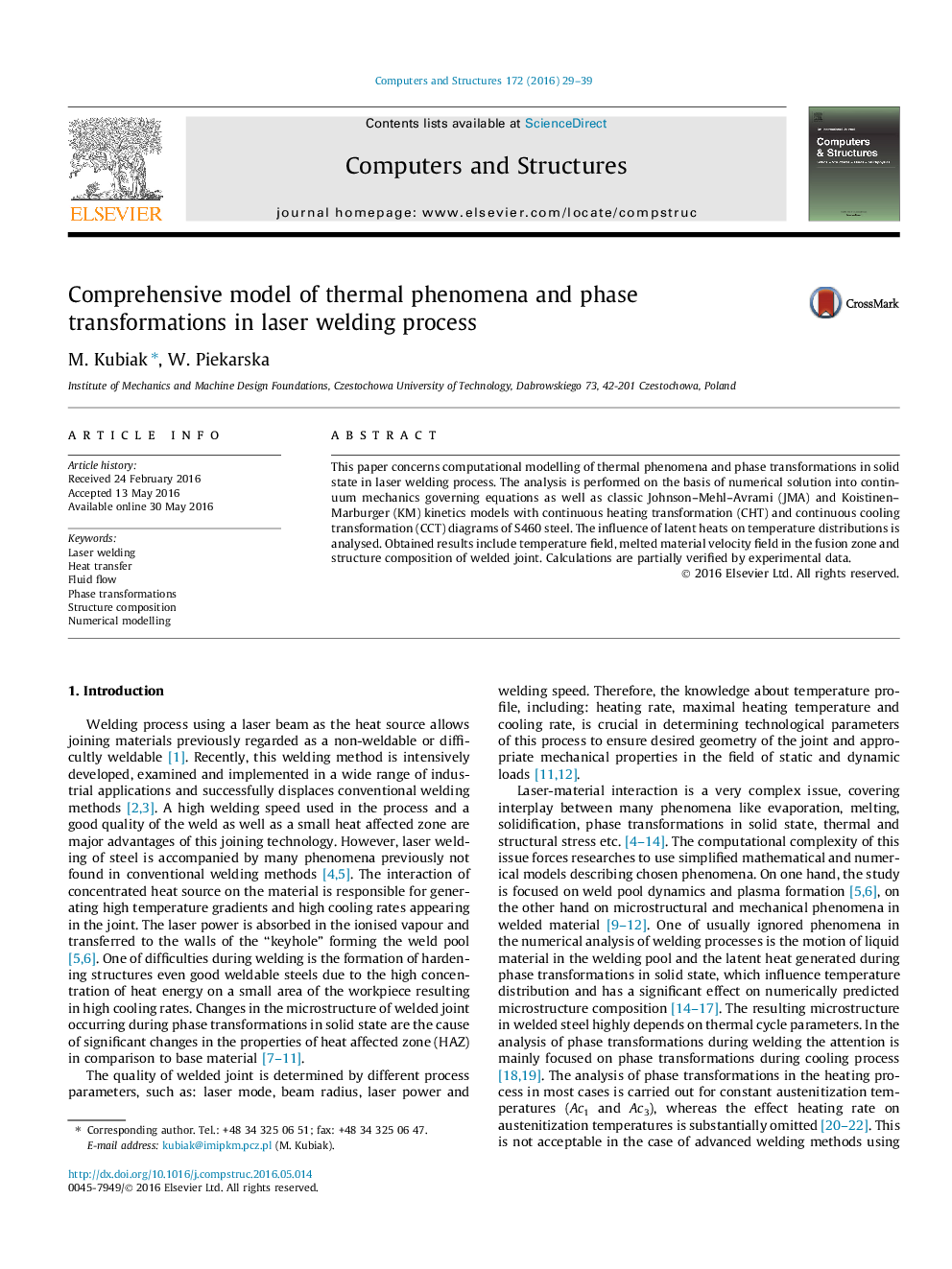 Comprehensive model of thermal phenomena and phase transformations in laser welding process