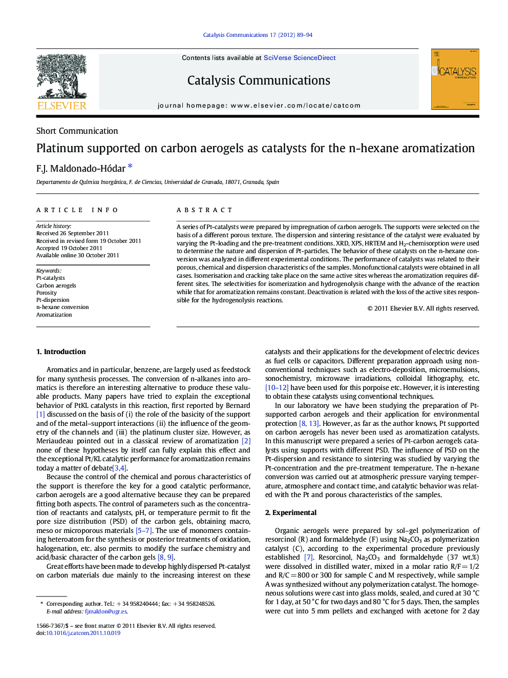 Platinum supported on carbon aerogels as catalysts for the n-hexane aromatization