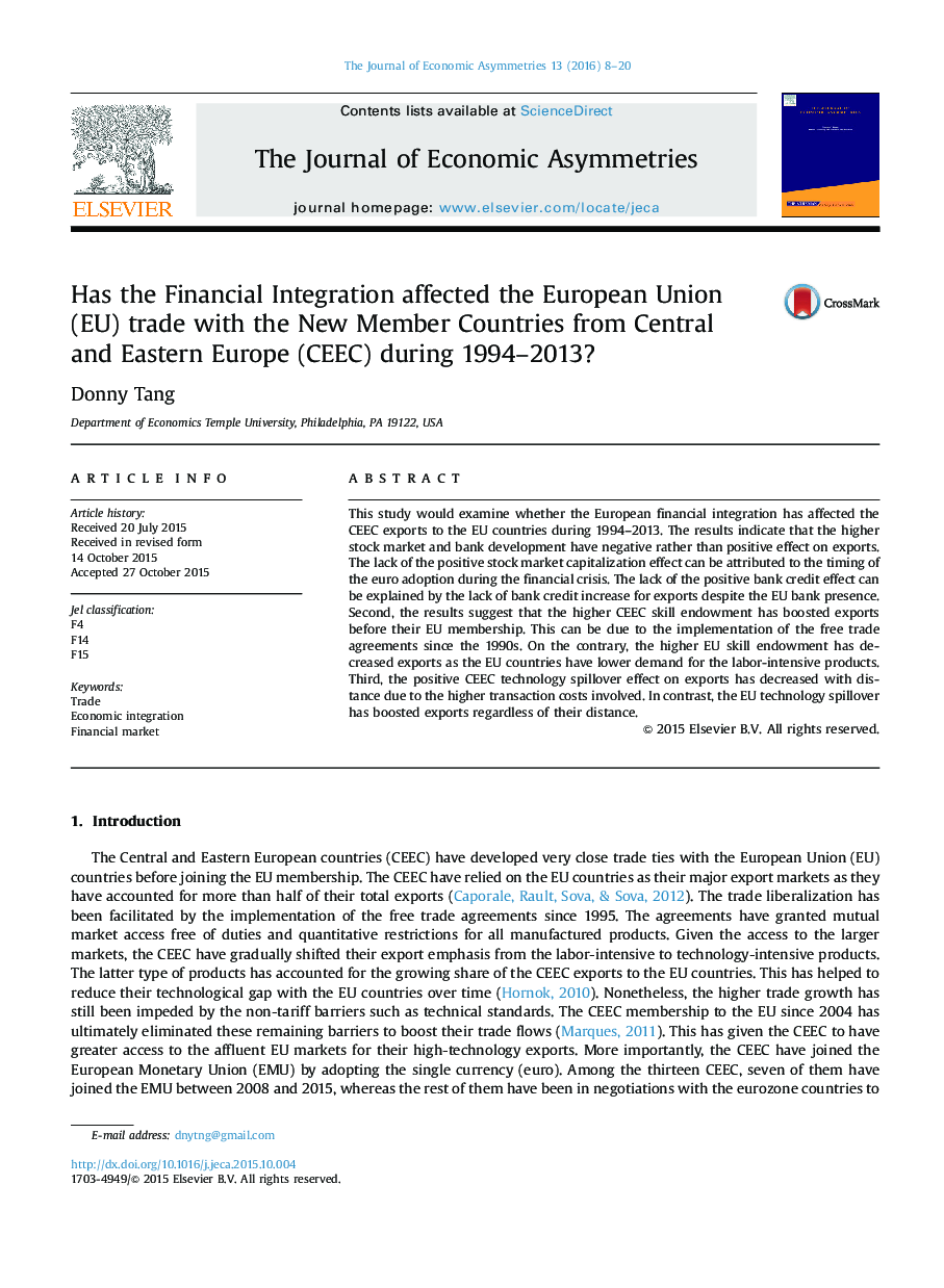 Has the Financial Integration affected the European Union (EU) trade with the New Member Countries from Central and Eastern Europe (CEEC) during 1994-2013?