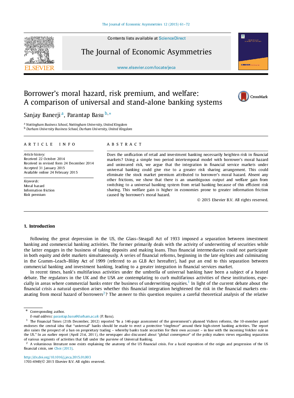Borrower's moral hazard, risk premium, and welfare: A comparison of universal and stand-alone banking systems
