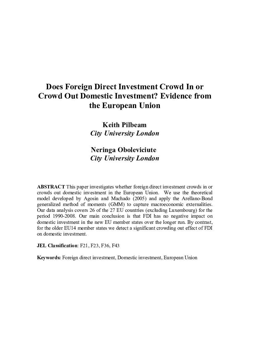Does Foreign Direct Investment Crowd In or Crowd Out Domestic Investment? Evidence from the European Union