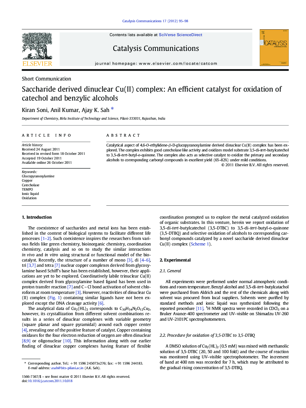 Saccharide derived dinuclear Cu(II) complex: An efficient catalyst for oxidation of catechol and benzylic alcohols