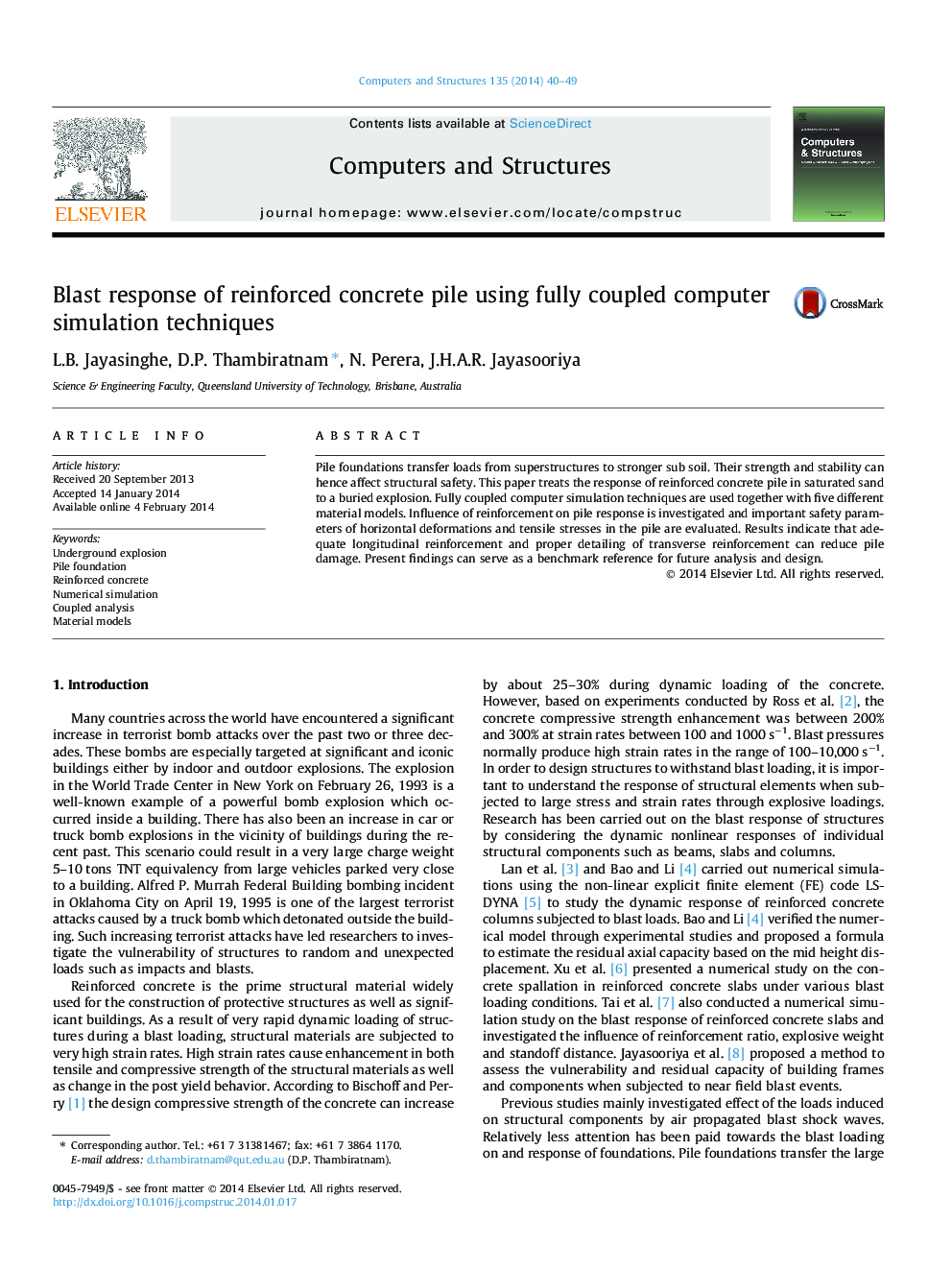 Blast response of reinforced concrete pile using fully coupled computer simulation techniques