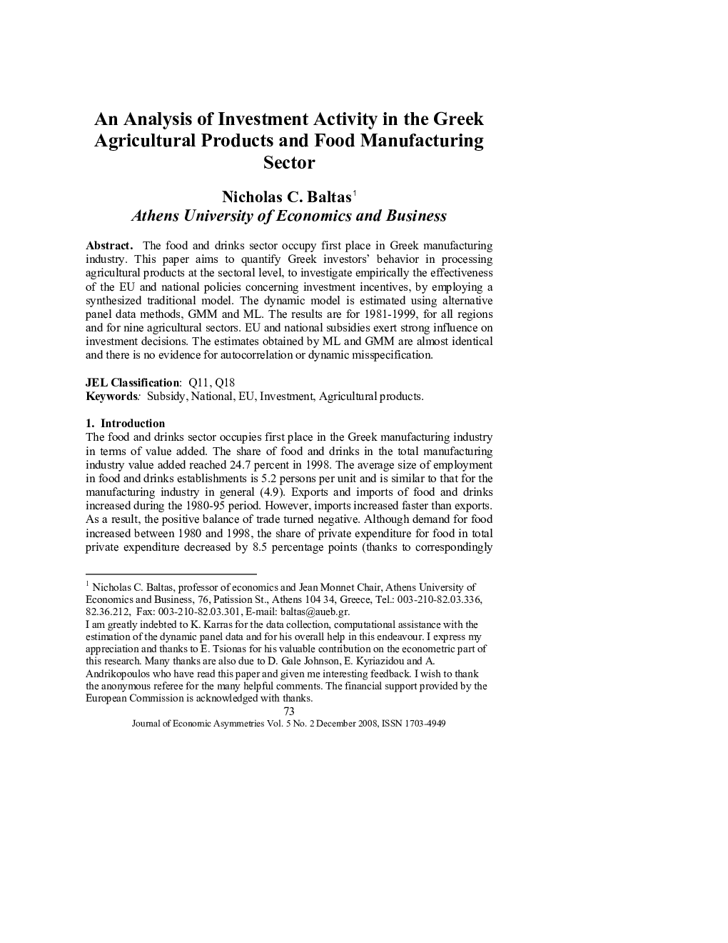 An Analysis of Investment Activity in the Greek Agricultural Products and Food Manufacturing Sector