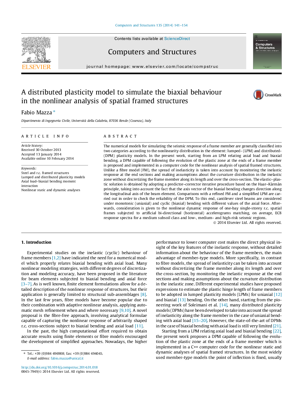 A distributed plasticity model to simulate the biaxial behaviour in the nonlinear analysis of spatial framed structures