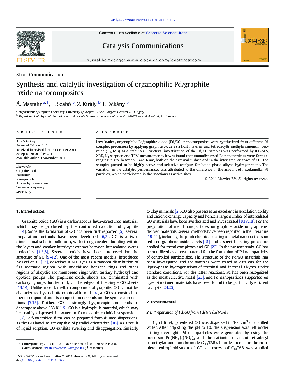 Synthesis and catalytic investigation of organophilic Pd/graphite oxide nanocomposites