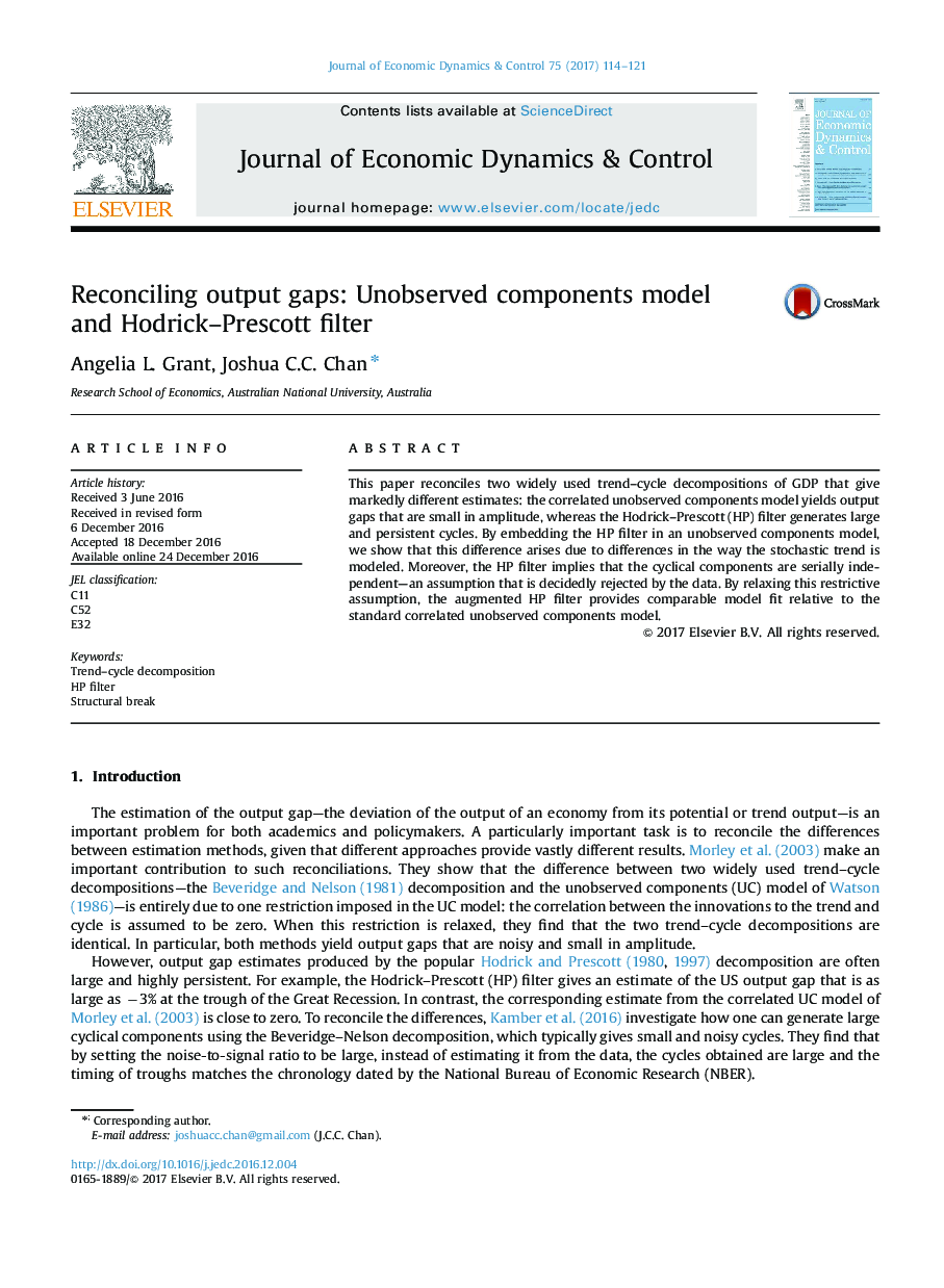 Reconciling output gaps: Unobserved components model and Hodrick–Prescott filter