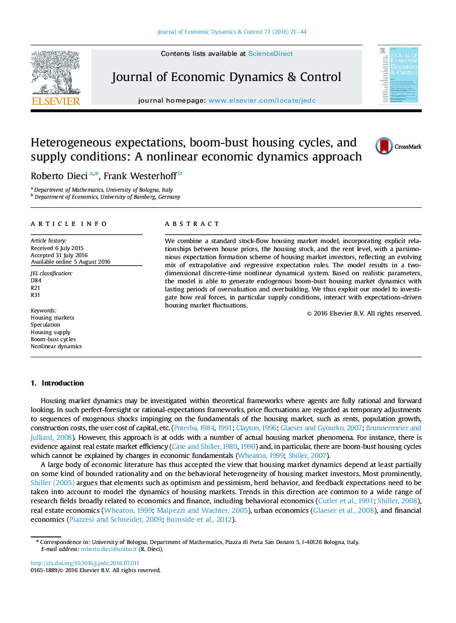 Heterogeneous expectations, boom-bust housing cycles, and supply conditions: A nonlinear economic dynamics approach