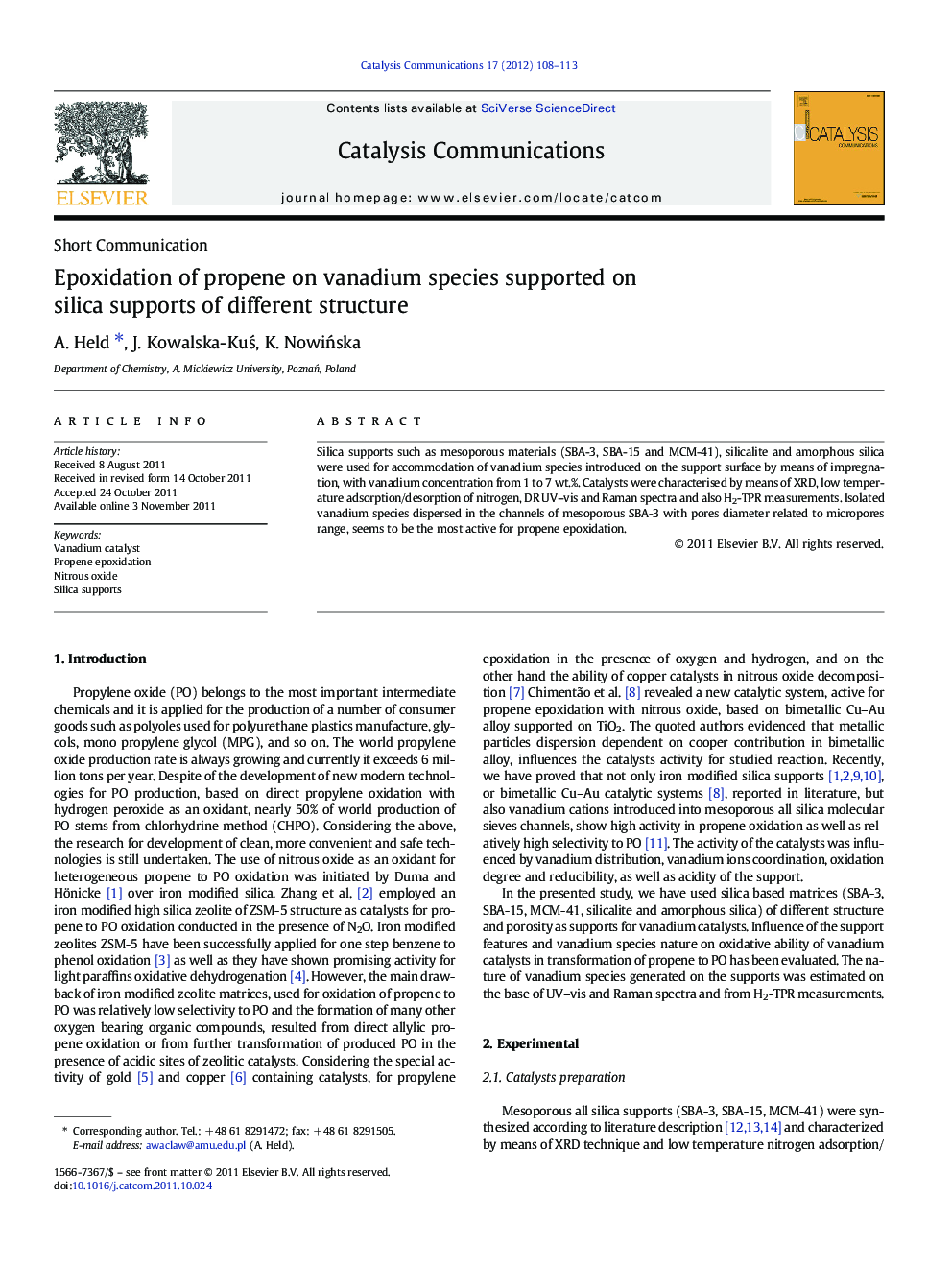 Epoxidation of propene on vanadium species supported on silica supports of different structure