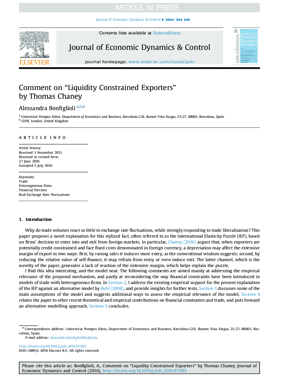 Comments on “Liquidity constrained exporters” by T. Chaney